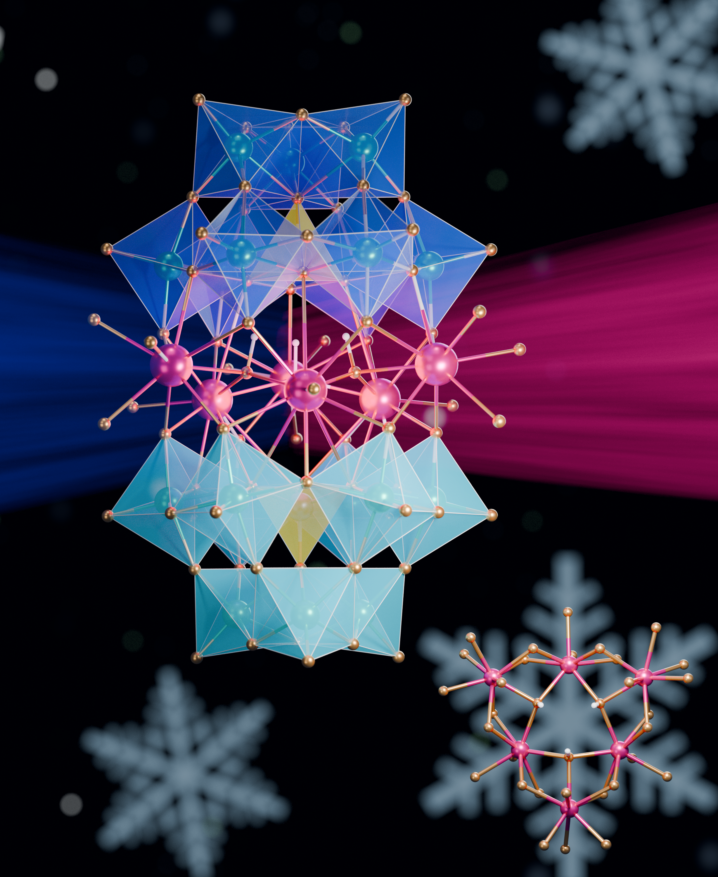 Visual Representation of six lanthanide ions sandwhiched between two large POM units.