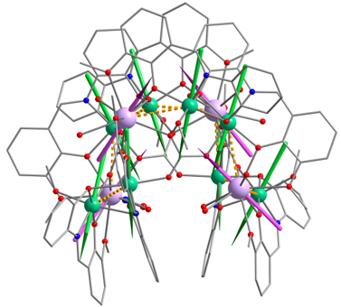 Picutre of a saddle-shaped molecules with alternating Ni and Dy ions bridged through different organic molecules.