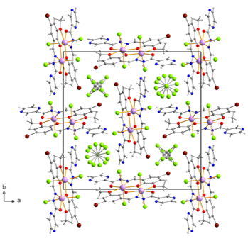 Picture of a highly symmetric unit cell of a Dy2-dimer. Clearly visbile are four cavities in which highly disordered CCl4-molecules are positioned.